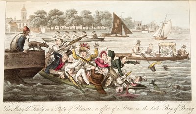 De familie Marigold op een pleziertocht, of effect van een storm in de kleine Baai van Biscay, uit The English Spy, gepubliceerd 1824 door Isaac Robert Cruikshank