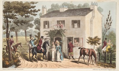 De Oakland Cottages, Cheltenham, of Vossenjagers en hun Favorieten, uit The English Spy, gepubliceerd 1824 door Isaac Robert Cruikshank