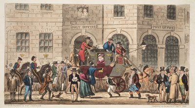 Het Postkantoor Bristol, Aankomst van de London Mail, uit The English Spy, gepubliceerd Londen, 1824 door Isaac Robert Cruikshank