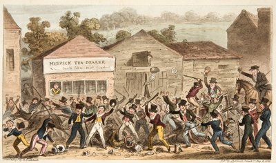 Thee Pot Row in Harrow, of de slag bij Hog Lane, uit The English Spy, uitgegeven 1824 door Isaac Robert Cruikshank