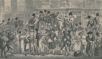 Buiten White Horse Cellar, Piccadilly, 1821, 1920 door Isaac, Robert and George Cruikshank
