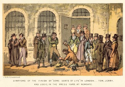 Symptomen van het einde van sommige soorten leven in Londen, Tom, Jerry en Logic, in de persruimte, bij Newgate door Isaac, Robert and George Cruikshank