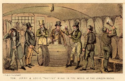 Tom, Jerry en Logic, wijn proeven in het vat, bij de London Docks door Isaac, Robert and George Cruikshank
