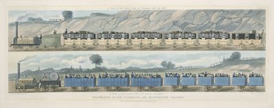 Reizen op de Liverpool en Manchester Railway: Een trein van de eerste klasse met de post, en een trein van de tweede klasse voor buitenpassagiers, gegraveerd door S.G. Hughes, 1831 door Isaac Shaw