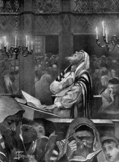 Scène in een synagoge, de grote verzoendag, 6 oktober 1897 door Isaac Snowman