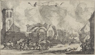 Franse troepen trekken plunderend en schietend door de ruïnes van het dorp Nigtevecht, 1672 door Isaac Sorious