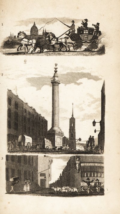Plattelandsmensen op een postkoets, het Monument en Pie Corner door Isaac Taylor