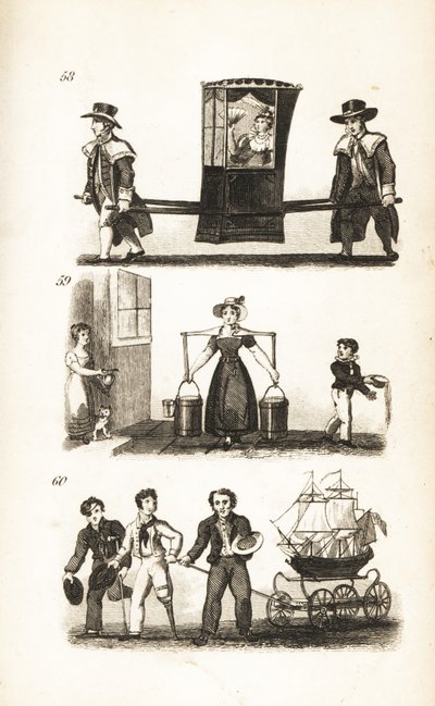 De Draagstoel, de Melkmeid en de Zeelieden en Schip door Isaac Taylor