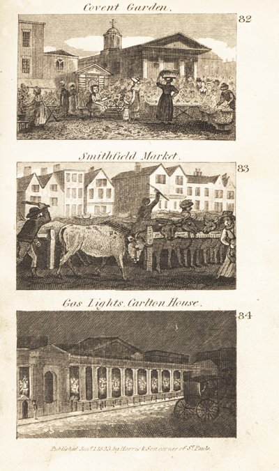 Ambachten in Regency Engeland: Covent Garden, Smithfield Market en gaslampen op Carlton House door Isaac Taylor