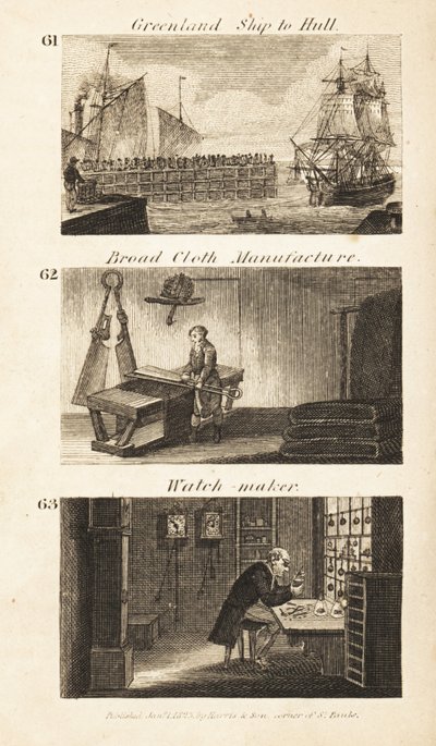 Ambachten in Regency Engeland: Groenlandschip naar Hull, breeddoekfabricage en horlogemaker door Isaac Taylor