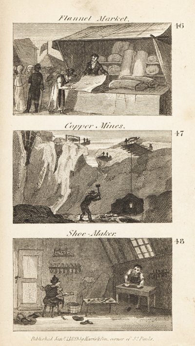 Ambachten in Regency Engeland: flanelmarkt, kopermijnen en schoenmaker door Isaac Taylor