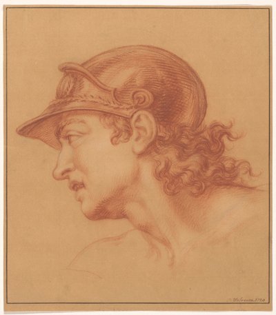 Studie van een man met helm en krullen door Isaac Walraven