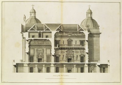Houghton Hall: doorsnede van de Hal en Salon, gegraveerd door Pierre Fourdrinier, 1735 door Isaac Ware
