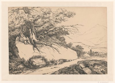 Landschap, met onder een boom een pauzerende man met hond door Isaac Weissenbruch