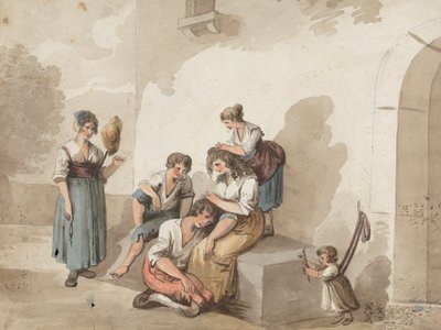 "Na Pinnelli" (Groep boeren buiten een huis) door Isaac Weld