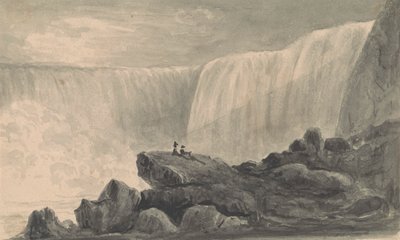 Uitzicht op de Niagara-watervallen met twee figuren zittend op een rots in het midden op de voorgrond door Isaac Weld