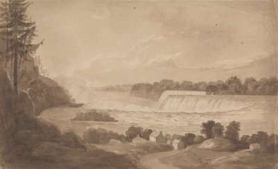 Uitzicht op de Niagara-watervallen met de watervallen op de achtergrond, rechts, en landschap met huizen op de voorgrond door Isaac Weld