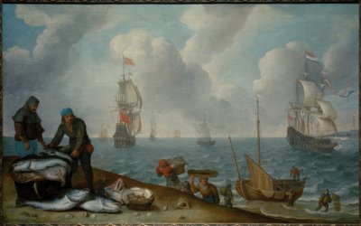 Vissers met Vangst op het Strand, Oorlogsschepen in een Baai door Isaac Willaerts