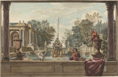Een Italiaans tuin met een papegaai, een poedel en een man door Isaac de Moucheron