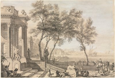Fantastische Havenscène met Architectuur en Figuren door Isaac de Moucheron