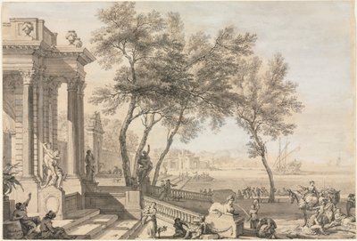 Fantastisch havenscène met architectuur en figuren, 1713 door Isaac de Moucheron