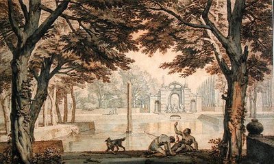 Meer met een fontein in een tuin door Isaac de Moucheron