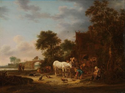 Herberg op het platteland met een paard bij de drinkbak door Isaac van Ostade