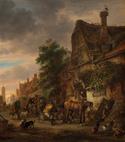 Arbeiders voor een herberg door Isaac van Ostade