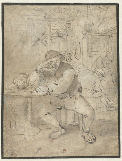 Zittende boer, leunend op een tafeltje door Isaac van Ostade
