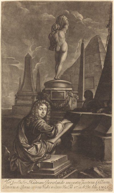 Adrian Beverland tekent van een standbeeld door Isaak Beckett after Simon du Bois