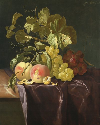 Stilleven van fruit, noten en bladeren op fluwelen doek door Isaak Denies