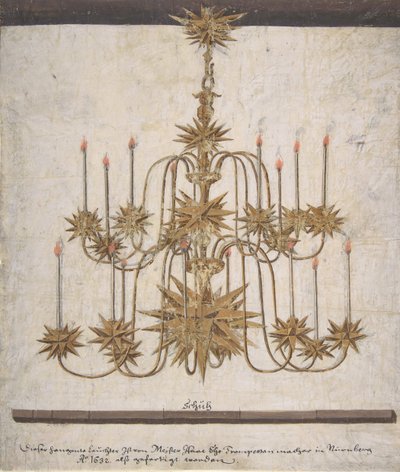 Ontwerp voor een kroonluchter met zestien kaarsen, 1632 door Isaak Ehe
