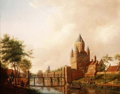Een uitzicht op de Kleine Houtpoort in Haarlem met de Grote Houtpoort op de achtergrond door Isaac Ouwater