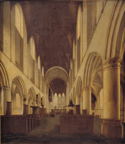 Interieur van de Sint-Bavokerk in Haarlem. Uitzicht vanaf het schip naar het koor door Isaak van Nickelen