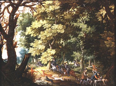 Een Boslandschap met Jagers en Honden door Isaak van Oosten