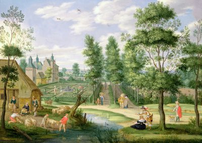 Figuren in de tuinen van een landhuis door Isaak van Oosten