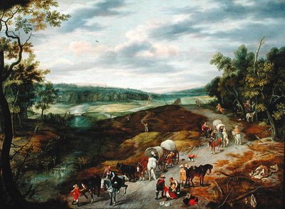Rovers die een konvooi reizigers aanvallen, 1656 door Isaak van Oosten