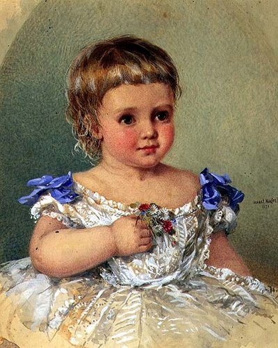 Portret van een kind met een boeket wilde bloemen door Isabel Oakley Naftel