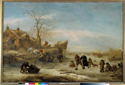 Kanaal met paar schaatsers. Schilderij door Isaak Van Ostade. 17e eeuw door Isack van Ostade