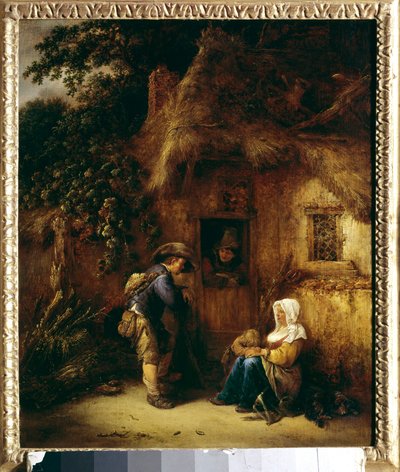 Gesprek voor een boerenhuis. Schilderij door Isaac Van Ostade (1621-1649) door Isack van Ostade