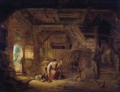 Interieur van een Schuur met een Oude Vrouw bij een Spinrok door Isack van Ostade