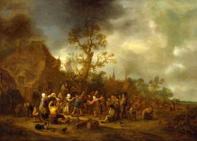 Boerenfeest buiten een herberg door Isack van Ostade