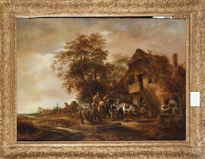 Ruiters die zich verfrissen buiten een herberg, met andere figuren en een paard en wagen door Isack van Ostade