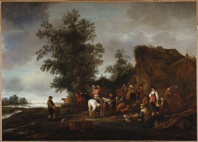 Reizigers verfrissen zich bij een taveerne aan de rivier, 1664 door Isack van Ostade