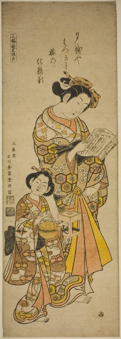 Courtisane van Osaka en haar bediende, linkerblad van een drieluik van schoonheden van de drie hoofdsteden door Ishikawa Toyonobu