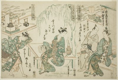 Genieten van de avondkoelte in Ryogoku - Een set van drie (Ryogoku suzumi sanpukutsui) door Ishikawa Toyonobu