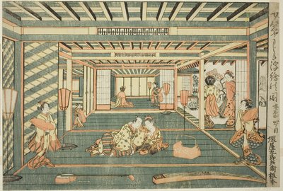 Perspectiefbeeld van een grote kamer (Senjojiki uki-e no zu) door Ishikawa Toyonobu