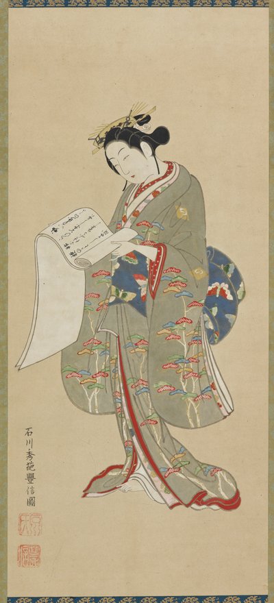 Jonge vrouw die een brief leest, Edo-periode, 1711-1785 door Ishikawa Toyonobu