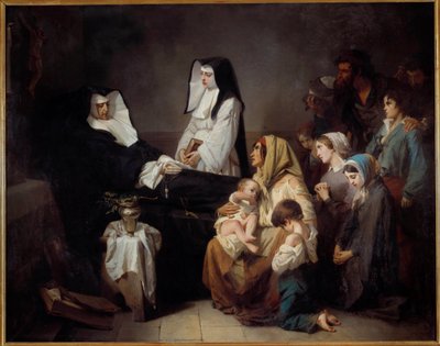 Dood van een liefdeszuster. Arme families verzamelen zich bij het lichaam van de non door Isidore Pils