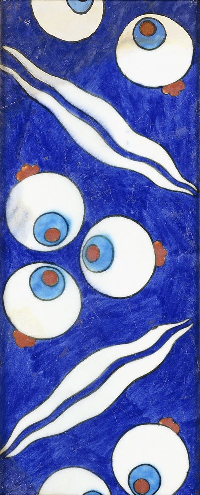 Een Iznik aardewerk randtegel, met gedurfde cintamani drievoudige rondellen en gepaarde golven, c. 1570 door Islamic School
